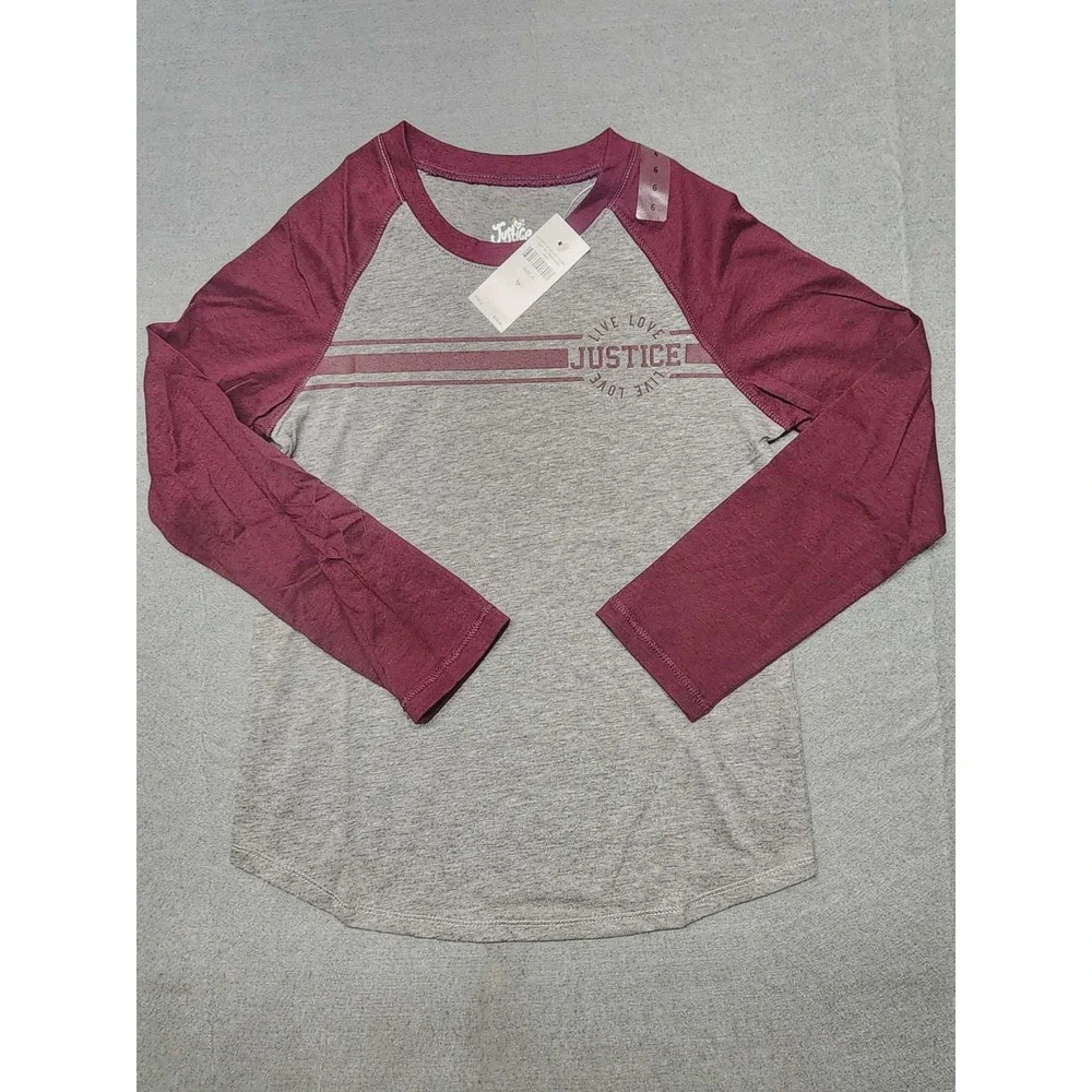 Justice Girls Size 6 Raglan Baseball Tee Grey Burgundy Live Love Justice Graphic